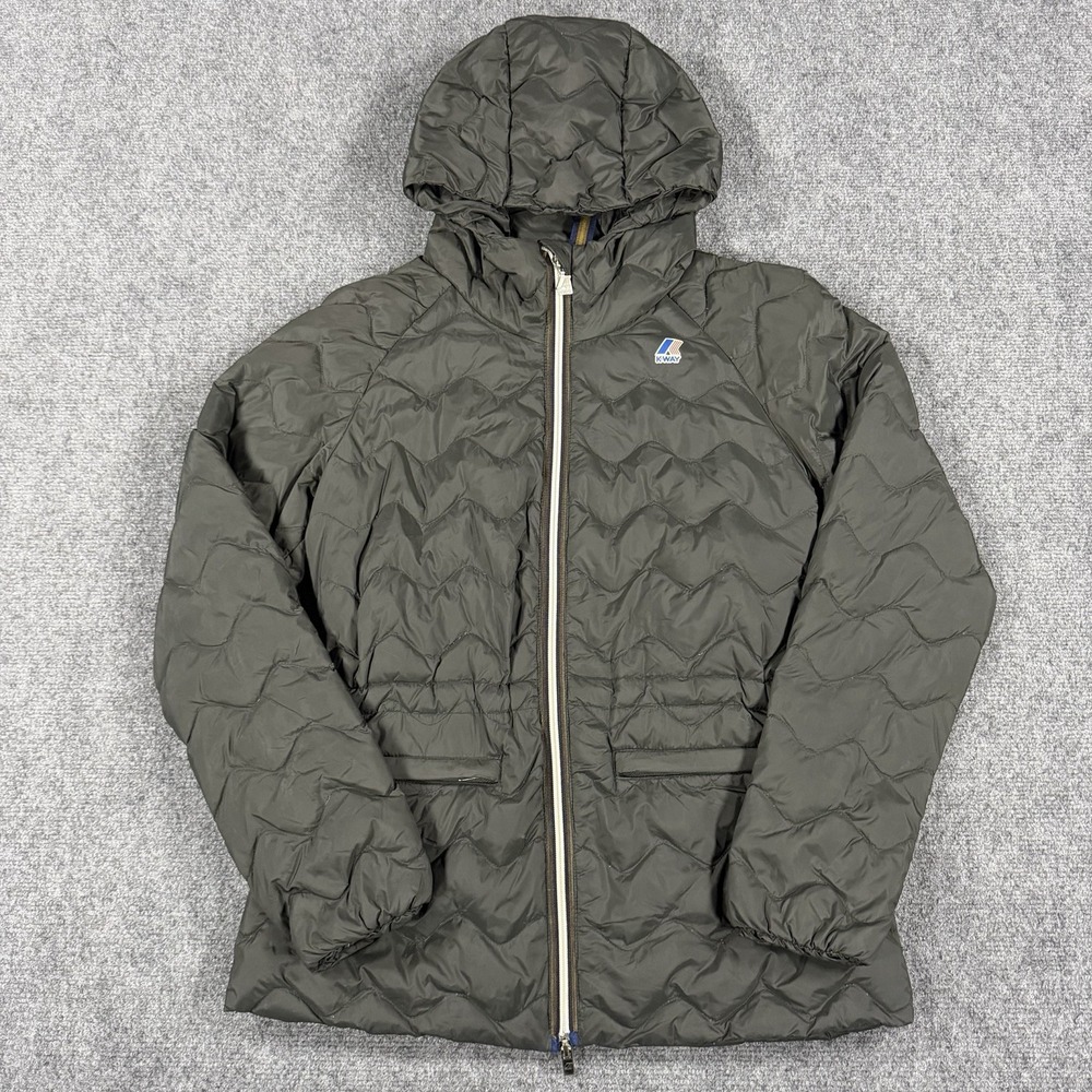 K-Way Down Jacket Womens Small‎ Gray Quilted Hooded Outdoors Pockets